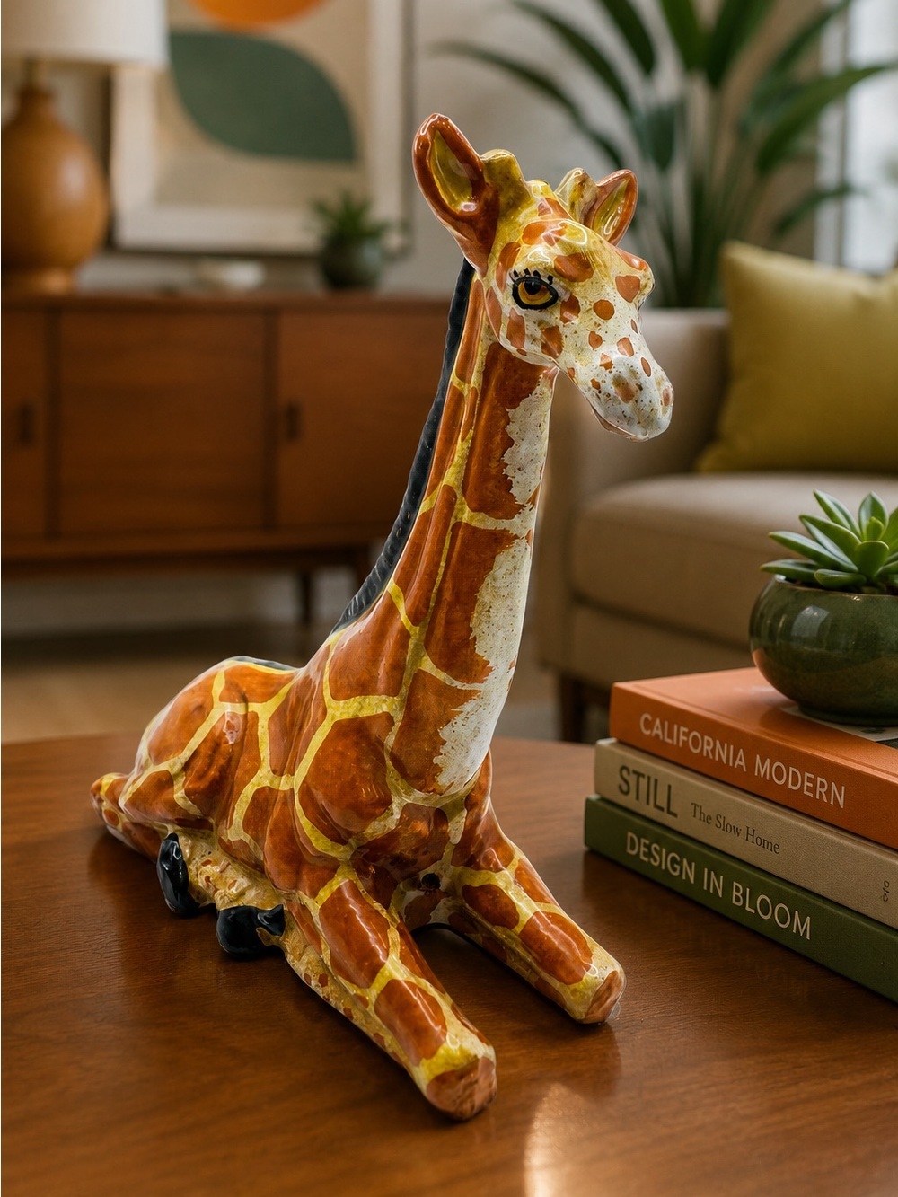 Mid-Century 1970s Italian Terracotta Hand Painted Whimsical Giraffe 7.5”T x 6.5”